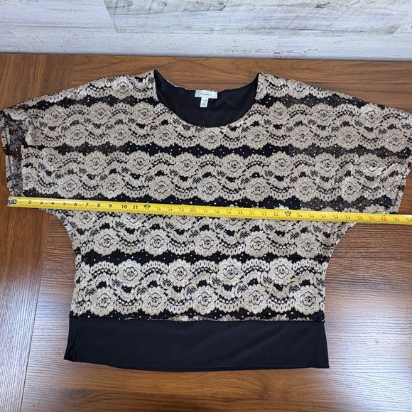 Dressbarn Woman 1X Top Black Gold Lace Sequined‎ Flutter Sleeve Party Blouse - Picture 10 of 13